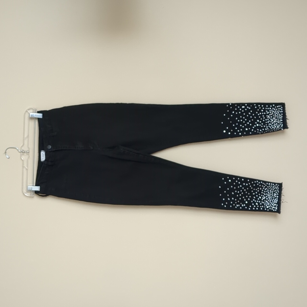 Size 13 AP Blue Aphrodite Black Denim Raw Hem Jeans with Rhinestones